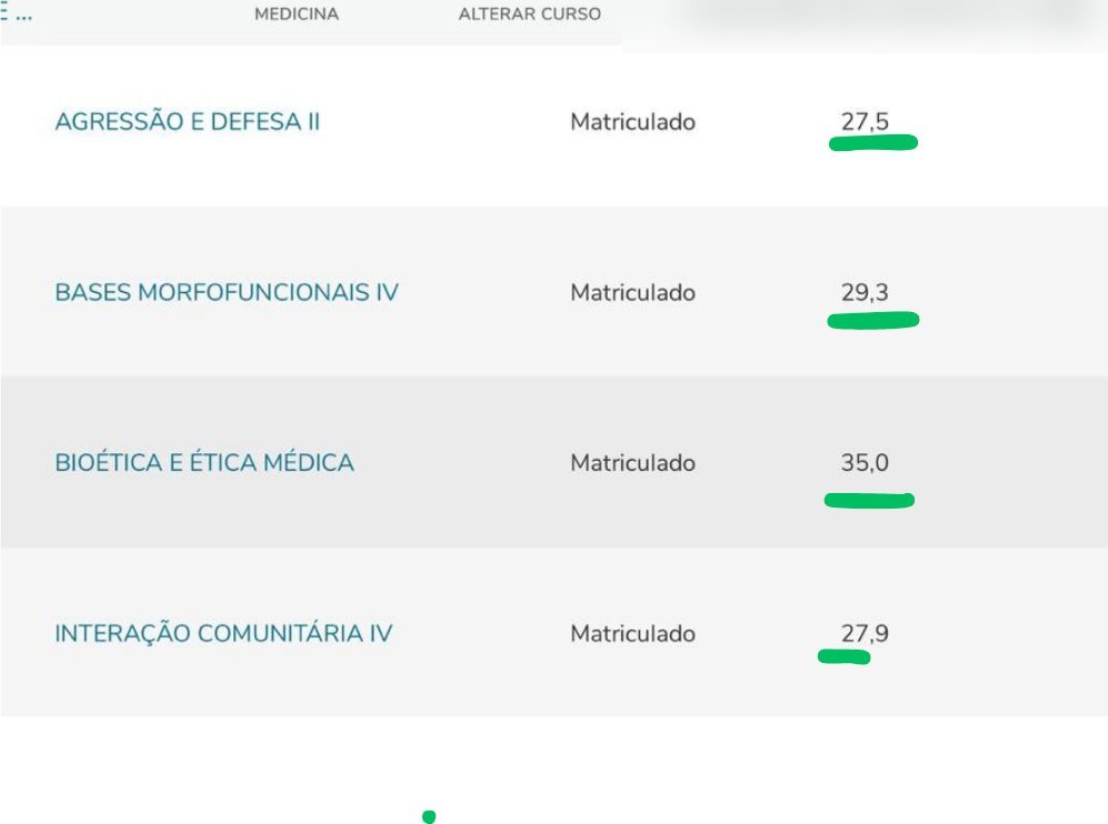 Notas de aluna em quatro disciplinas do ciclo, entre 27,5 e 35,0.